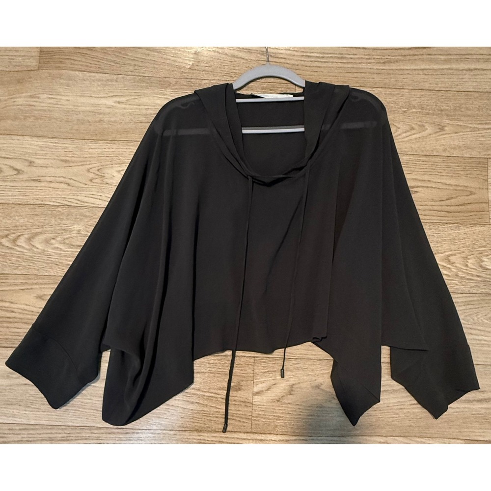Lauren Vidal Brown Chiffon Hooded Top S Flowy Asymmetrical Sleeve‎ Minimalist